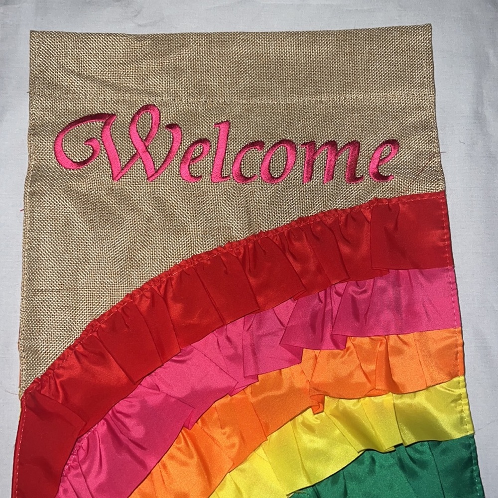 Welcome Rainbow Ruffles Burlap Flag - Picture 2 of 4